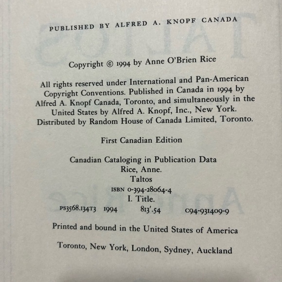 Taltos Hardcover Book by Anne Rice.Canadian first edition. No dust cover. Used - Picture 3 of 5